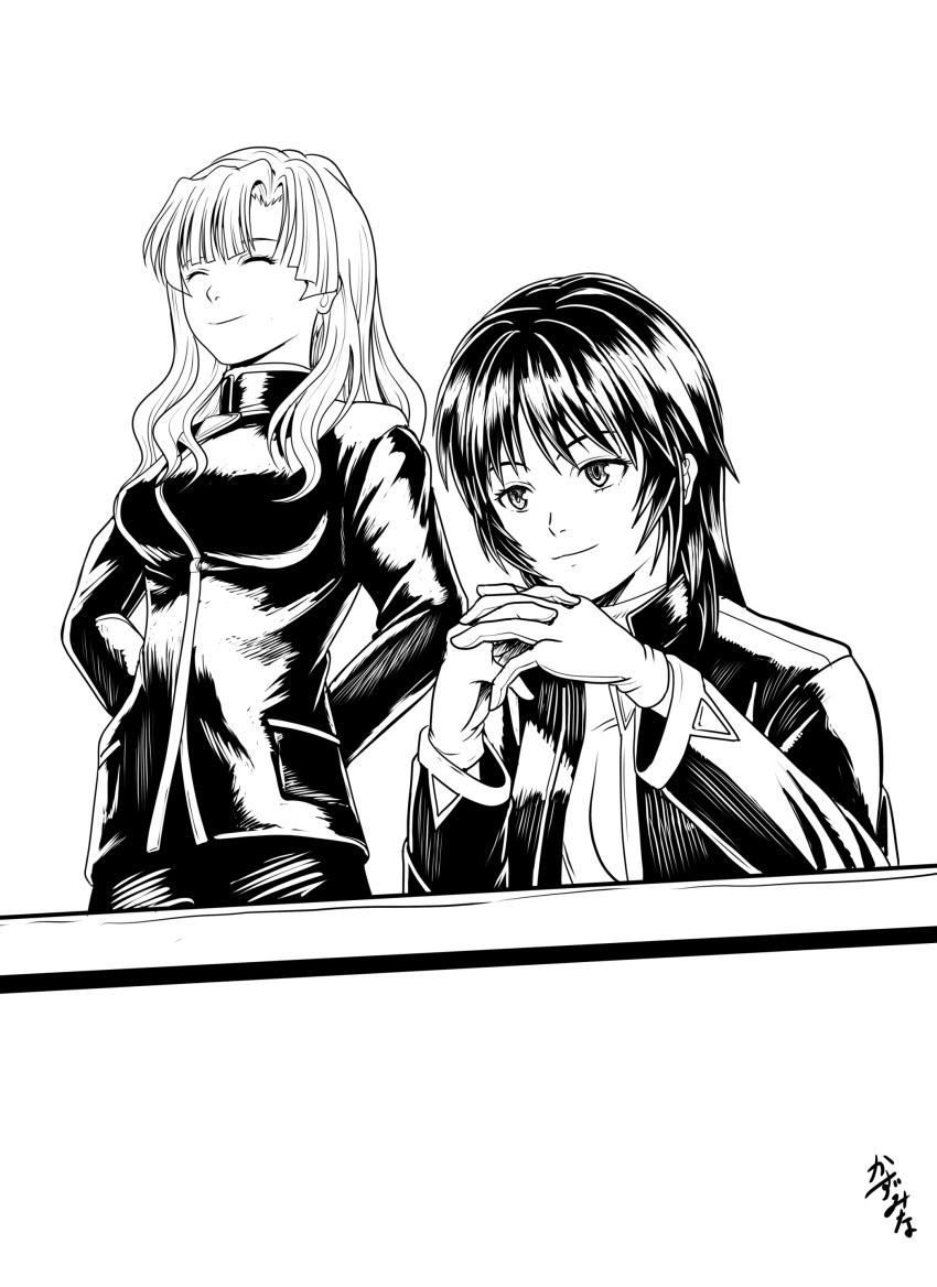 2girls, absurdres, bob_cut, commentary_request, commission, cosplay, eva_(black_survival), fuyutsuki_kouzou