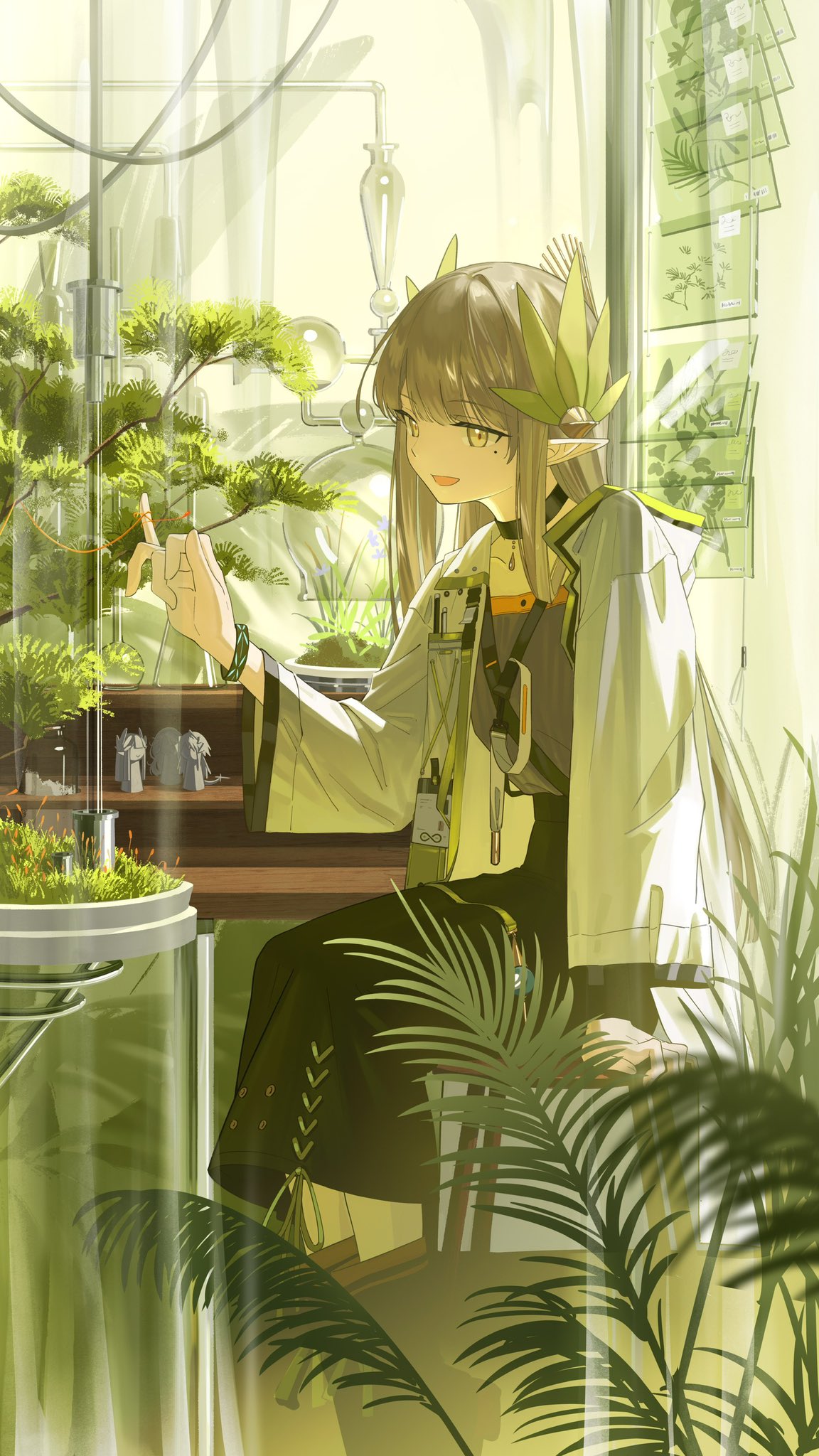 1girl, arknights, black_choker, black_skirt, bonsai, brown_eyes, brown_hair, choker, coat, elf, green_shirt, head_wreath, highres, infection_monitor_(arknights), leaf, long_hair, mi_si_jing, mole, mole_under_eye, muelsyse_(arknights), open_clothes, open_coat, open_mouth, pointy_ears, shirt, skirt, solo, tree, white_coat