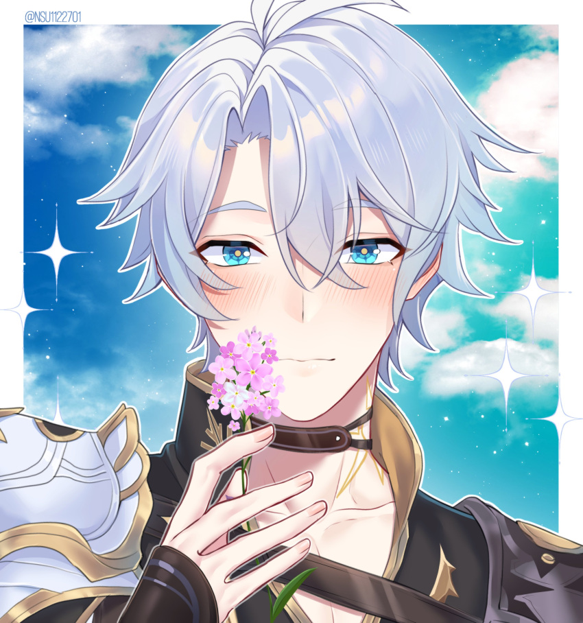 1boy, absurdres, ahoge, armor, black_coat, blue_eyes, coat, commentary, english_commentary, flower, gold_tattoo, highres, holding, holding_flower, honkai:_star_rail, honkai_(series), male_focus, neck_tattoo, nsu1122701, pauldrons, phainon_(honkai:_star_rail), short_hair, shoulder_armor, single_pauldron, smile, solo, tattoo, upper_body, white_hair