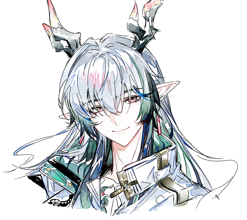 1boy, arknights, blue_hair, closed_mouth, cropped_shoulders, earrings, green_hair, grey_hair, hair_between_eyes, hashtag-only_commentary, highres, jewelry, long_hair, looking_at_viewer, male_focus, multicolored_hair, pink_eyes, pointy_ears, shiro_(acheng), simple_background, smile, solo, white_background, yi_(arknights)