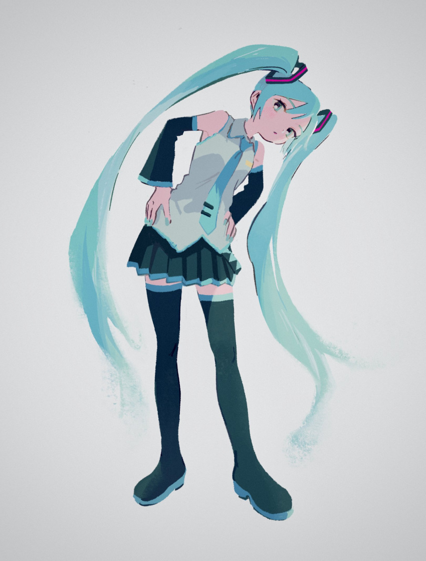 1girl, aqua_hair, aqua_necktie, black_boots, black_skirt, boots, breasts, closed_mouth