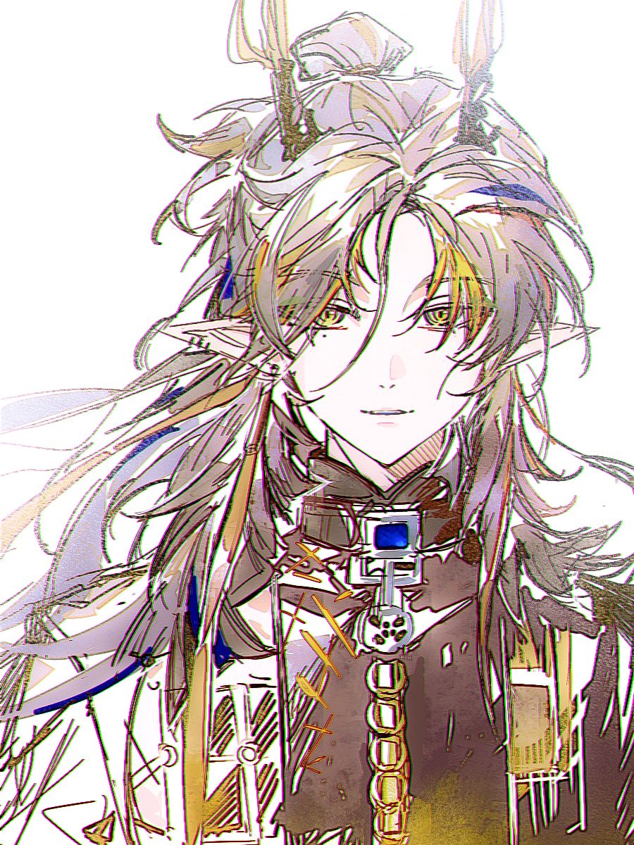 1boy, arknights, blonde_hair, bloom, brown_hair, chromatic_aberration, ear_piercing, earrings