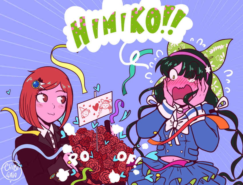 2girls, :3, artist_name, black_hair, blue_serafuku, blue_shirt, blue_skirt, blush, blush_stickers, bow, brown_eyes, chabashira_tenko, character_name, chibigaia, closed_mouth, collared_shirt, commentary, danganronpa_(series), danganronpa_v3:_killing_harmony, emphasis_lines, english_commentary, eyelashes, flower, green_eyes, green_ribbon, hair_ornament, hair_ribbon, hairband, hands_on_own_face, heart, holding, long_hair, long_sleeves, magic_trick, multiple_girls, navel, open_mouth, purple_hairband, red_hair, ribbon, sailor_collar, school_uniform, serafuku, shirt, short_hair, sign, skirt, smile, sound_effects, speech_bubble, sweat, twintails, white_bow, white_sailor_collar, yumeno_himiko, yuri