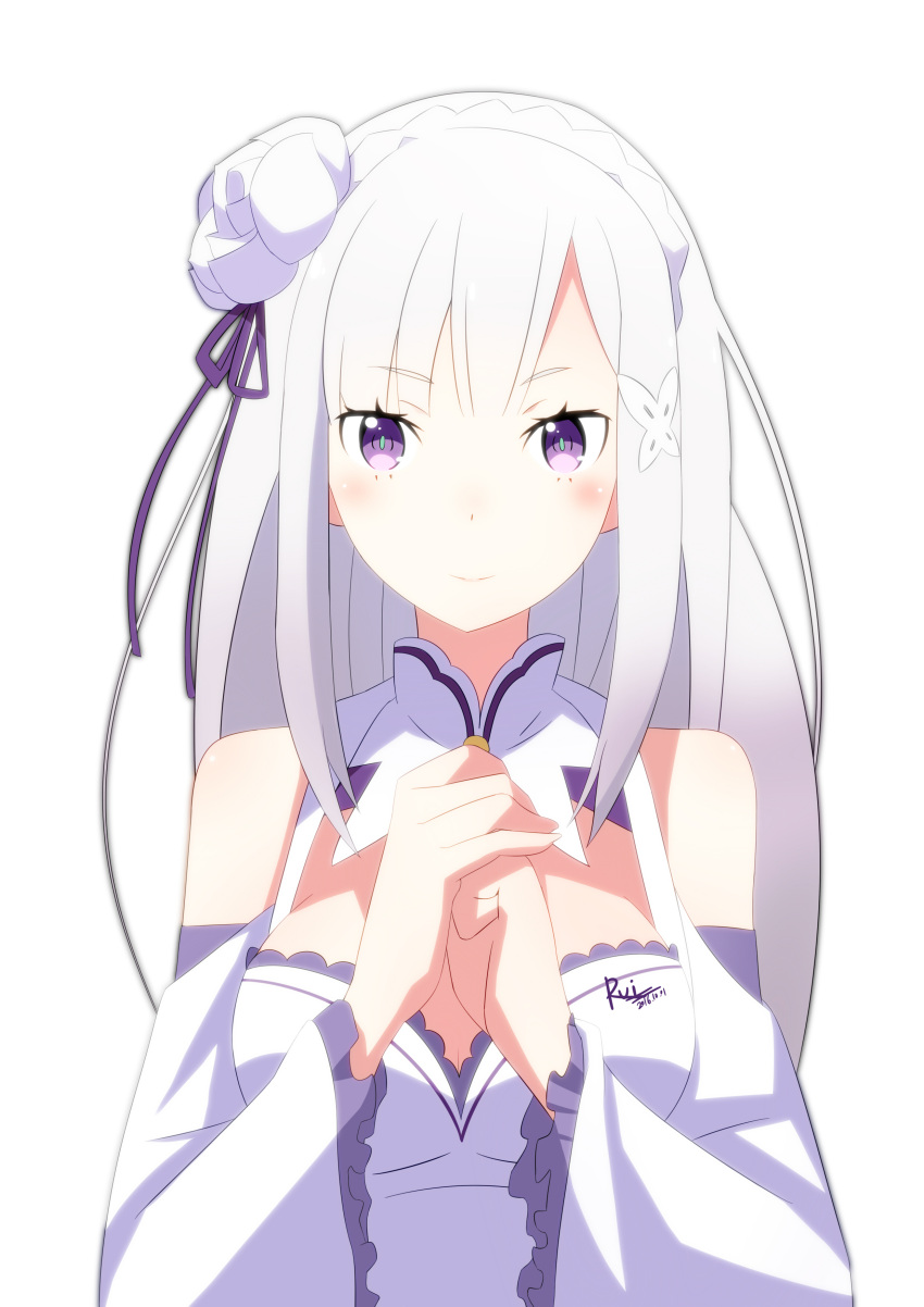1girl, absurdres, bare_shoulders, braid, breasts, dress, emilia_(re:zero), flower