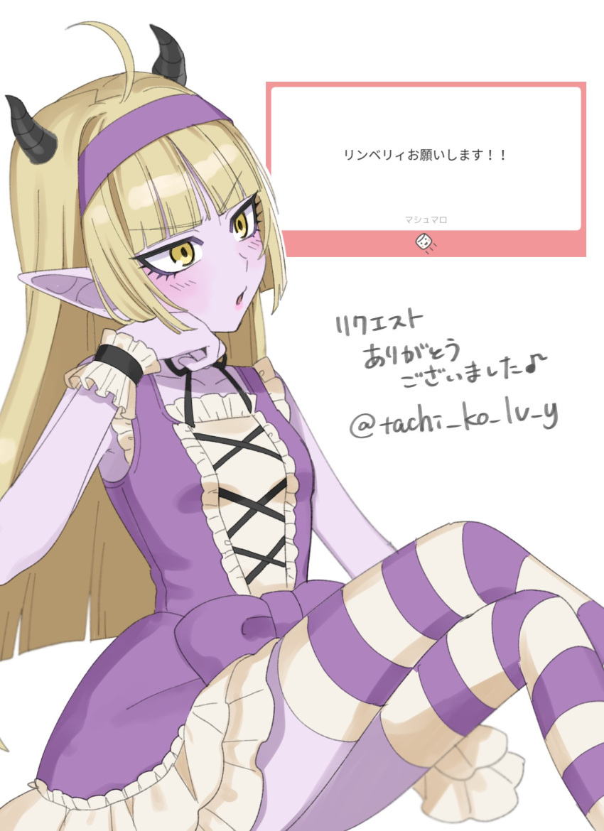 1girl, ahoge, black_bow, black_choker, black_horns, blonde_hair, blunt_bangs, blunt_ends