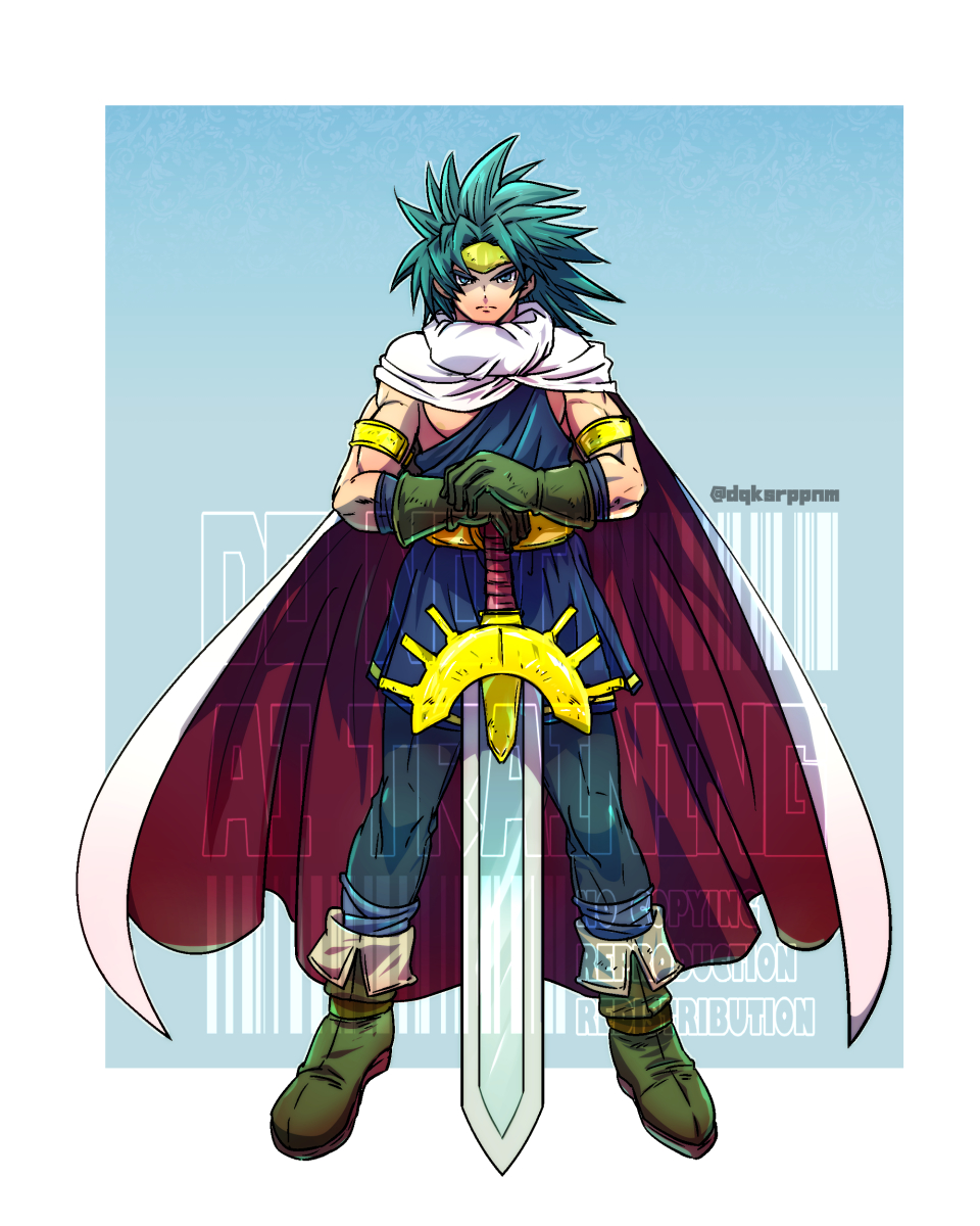 1boy, alvin_(dq10), aqua_eyes, aqua_hair, aqua_leggings, blue_background, blue_tunic, boots