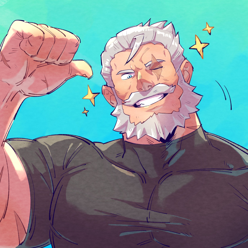1boy, absurdres, arm_up, beard, blue_eyes, broad_shoulders, commentary_request, covered_pectorals