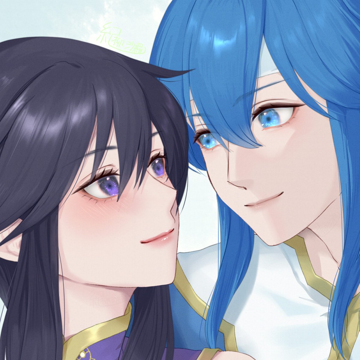 black_hair, blue_eyes, blue_hair, blush, commission, commissioner_upload, couple, eye_contact