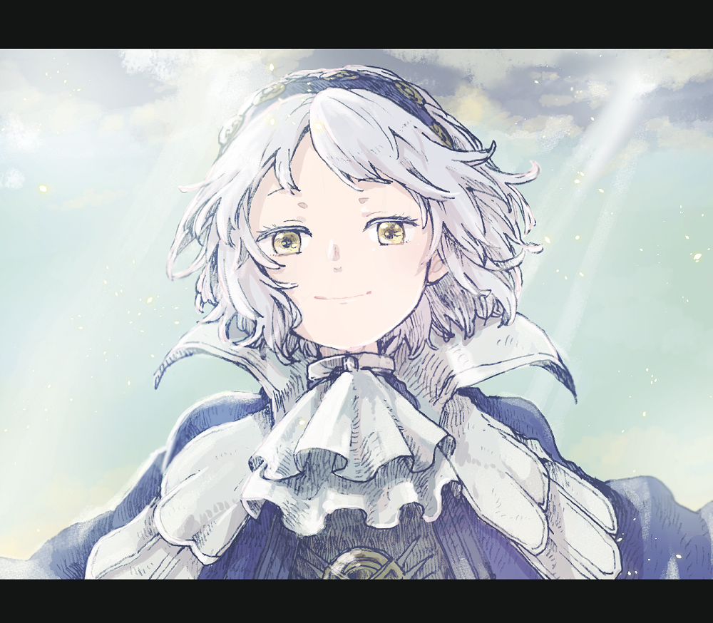 1girl, another_eden, ascot, blue_capelet, blue_hairband, capelet, closed_mouth, colored_eyelashes
