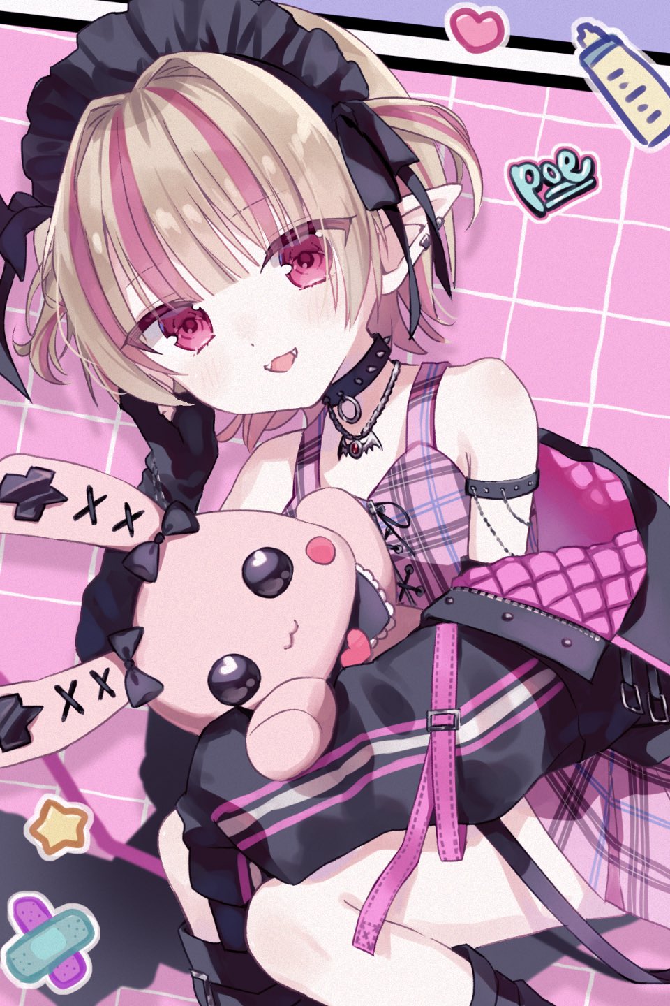 1girl, arm_belt, arm_strap, bare_shoulders, belt, black_bow, black_collar, black_headdress