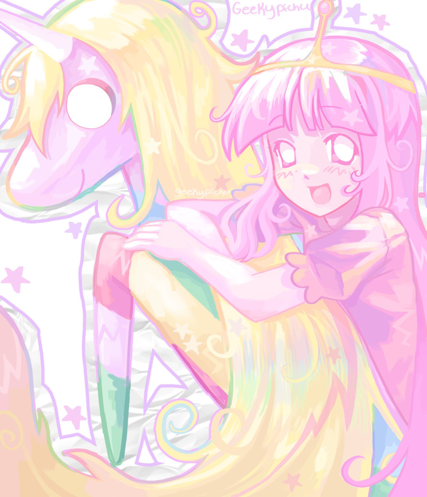 1girl, 2000s_(style), :d, adventure_time, animification, blonde_hair, colored_skin, commentary, creature, english_commentary, faux_retro_artstyle, geekypichu, highres, lady_rainicorn, long_hair, looking_at_viewer, open_mouth, pastel_colors, pink_hair, pink_skin, princess_bonnibel_bubblegum, short_sleeves, sitting, smile, solo_focus, tiara, unicorn, very_long_hair