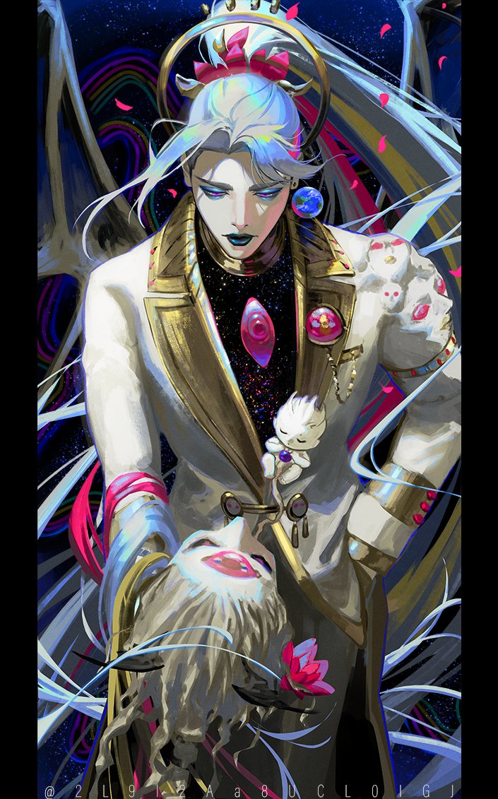 1girl, 1other, abstract_background, blackbox_(blackbox9158), blue_hair, chaos_(hades), closed_eyes, collar