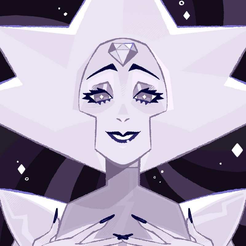1girl, black_lips, colored_skin, diamond_(species)_(steven_universe), eyelashes, forehead_jewel, gem, lipstick, looking_at_viewer, makeup, skudarik, smile, solo, spiky_hair, steven_universe, white_diamond_(steven_universe), white_hair, white_skin