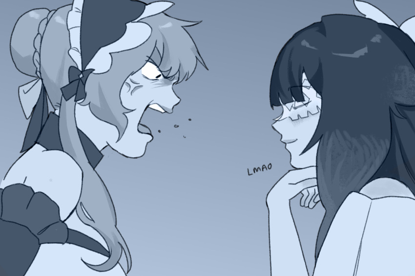 2girls, anger_vein, angry, blue_theme, braid, columbina_(genshin_impact), commentary, english_commentary