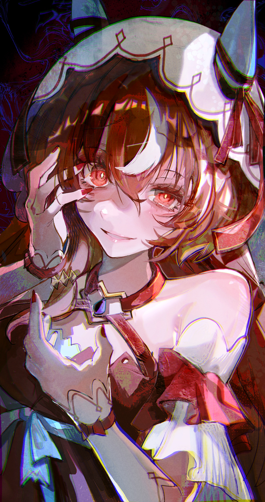 1girl, animal_ears, brown_hair, ear_covers, guanylunba, highres, horse_ears, horse_girl, multicolored_hair, nail_polish, red_eyes, red_nails, solo, still_in_love_(scarlet_vow_raiment)_(umamusume), still_in_love_(umamusume), streaked_hair, umamusume, upper_body, veil, white_veil, yandere