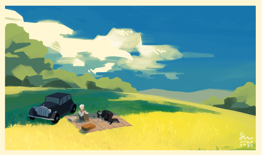 2boys, absurdres, aziraphale_(good_omens), black_jacket, black_pants, blue_sky, border, brown_pants