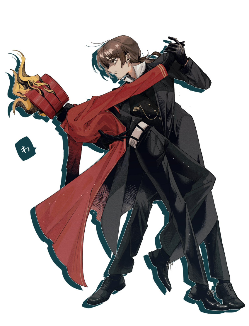 1boy, 1other, black_coat, black_gloves, black_pants, black_shoes, black_vest, brown_eyes