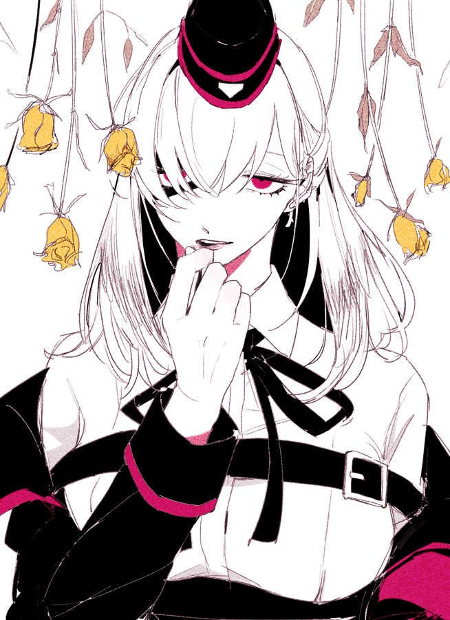 1girl, asymmetrical_bangs, belted_jacket, black_jacket, black_ribbon, blank_stare, breasts, collared_shirt