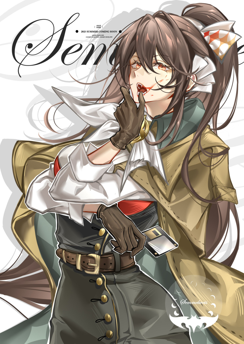 1girl, absurdres, belt, black_skirt, blood, blood_on_face, brown_belt, brown_cape, brown_gloves, brown_hair, cape, character_name, fang, floppy_disk, gloves, hand_up, high-waist_skirt, highres, holding_floppy_disk, long_hair, looking_at_viewer, neckerchief, open_mouth, ponytail, red_eyes, reverse:1999, semmelweis_(reverse:1999), shadow, shirt, skirt, solo, teeth, upper_body, very_long_hair, white_background, white_neckerchief, white_shirt, xixifusi_de_hualun