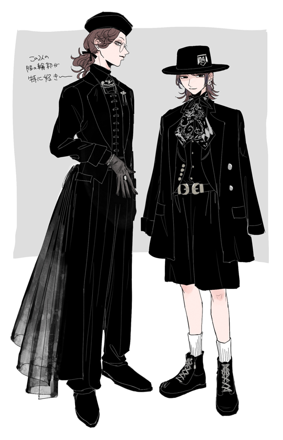 2boys, akune_rindo, ankle_socks, ascot, belt, beret, black_ascot, black_belt