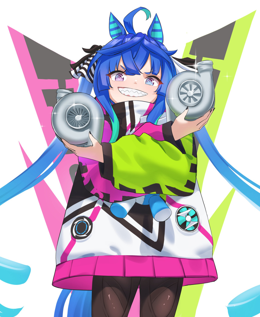 1girl, @_@, absurdres, ahoge, animal_ears, aqua_hair, black_nails, blue_eyes