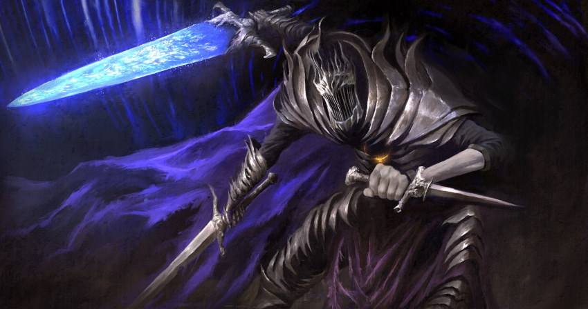 1boy, absurdres, armor, cape, colored_skin, commentary, dagger, elden_ring, elden_ring_nightreign, english_commentary, extra_arms, full_armor, gauntlets, glowing, glowing_sword, glowing_weapon, great_rune_(elden_ring), greatsword, grey_skin, heolstor_the_nightlord, highres, holding, holding_dagger, holding_knife, holding_sword, holding_weapon, knife, male_focus, pauldrons, purple_cape, reverse_grip, rioyudha22, shoulder_armor, solo, spiked_helmet, sword, triple_wielding, weapon