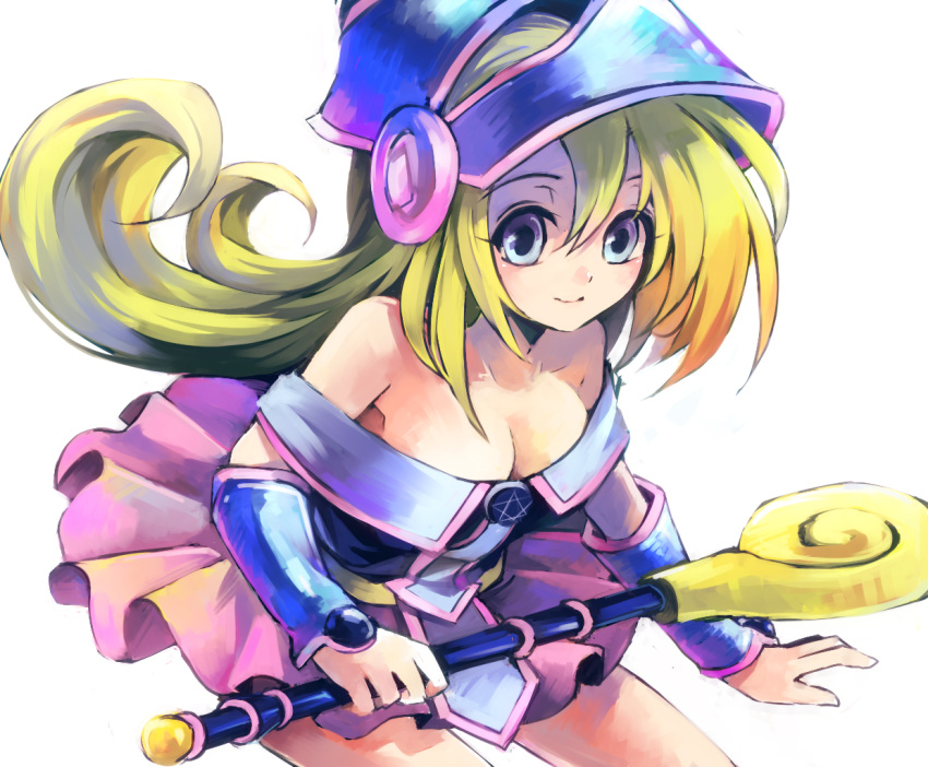 74_(teduka), bare_shoulders, blonde_hair, blue_eyes, breasts, cleavage, collarbone, dark_magician_girl