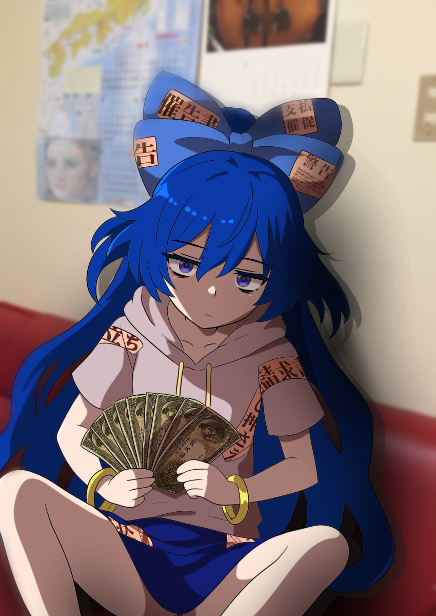 1girl, absurdres, banknote, blue_bow, blue_eyes, blue_hair, blue_skirt, bow