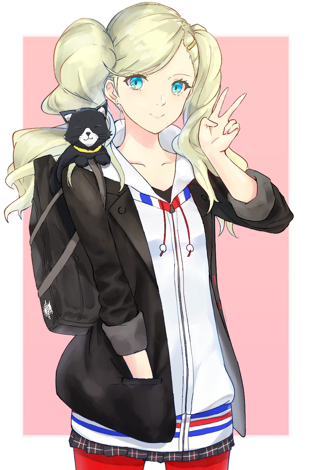 backpack, bag, black_cat, blonde_hair, blue_eyes, cat, hand_in_pocket, highres