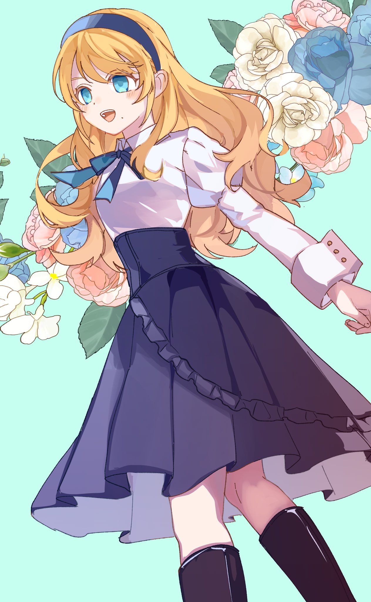 1girl, :d, aqua_background, black_boots, blonde_hair, blouse, blue_bow, blue_corset