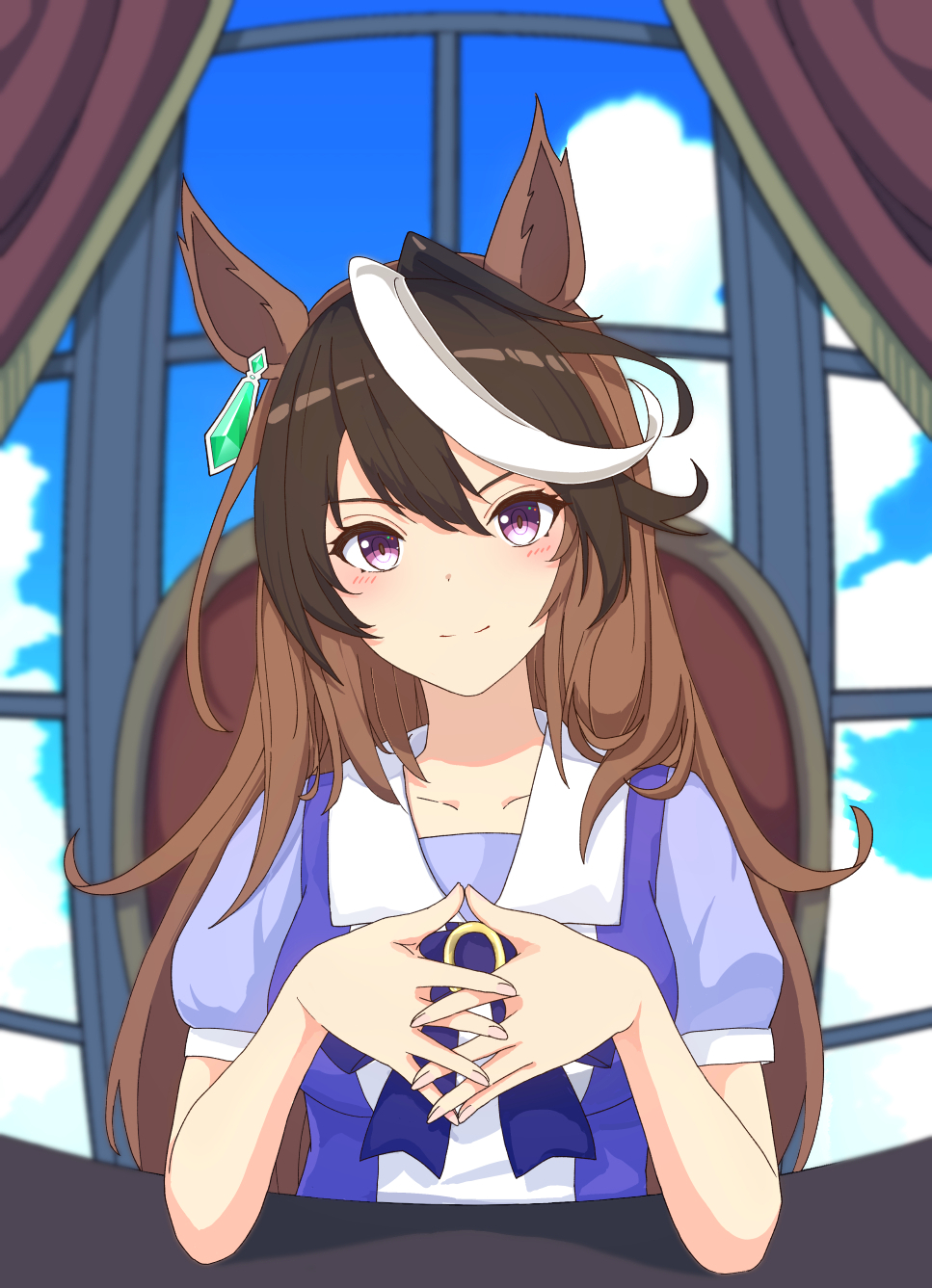 curtains, desk, highres, interlocked_fingers, looking_at_viewer, rokuro_kuro, school_uniform, tracen_school_uniform, umamusume, window