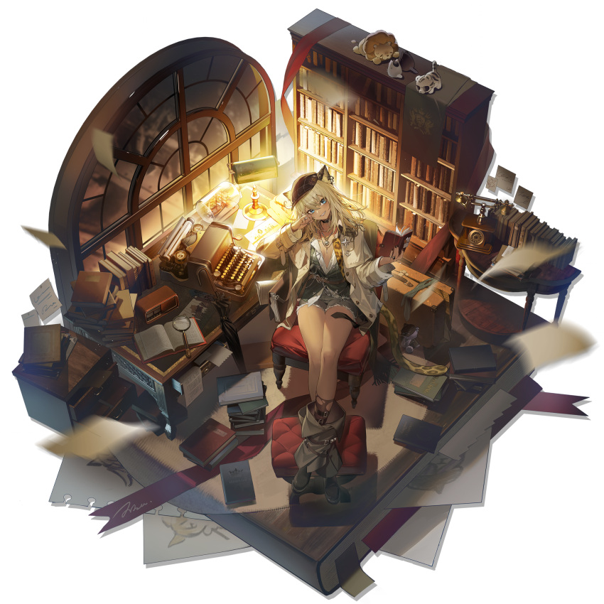 1girl, animal_ears, antique_phone, arknights, blonde_hair, book, bookshelf, crossed_ankles