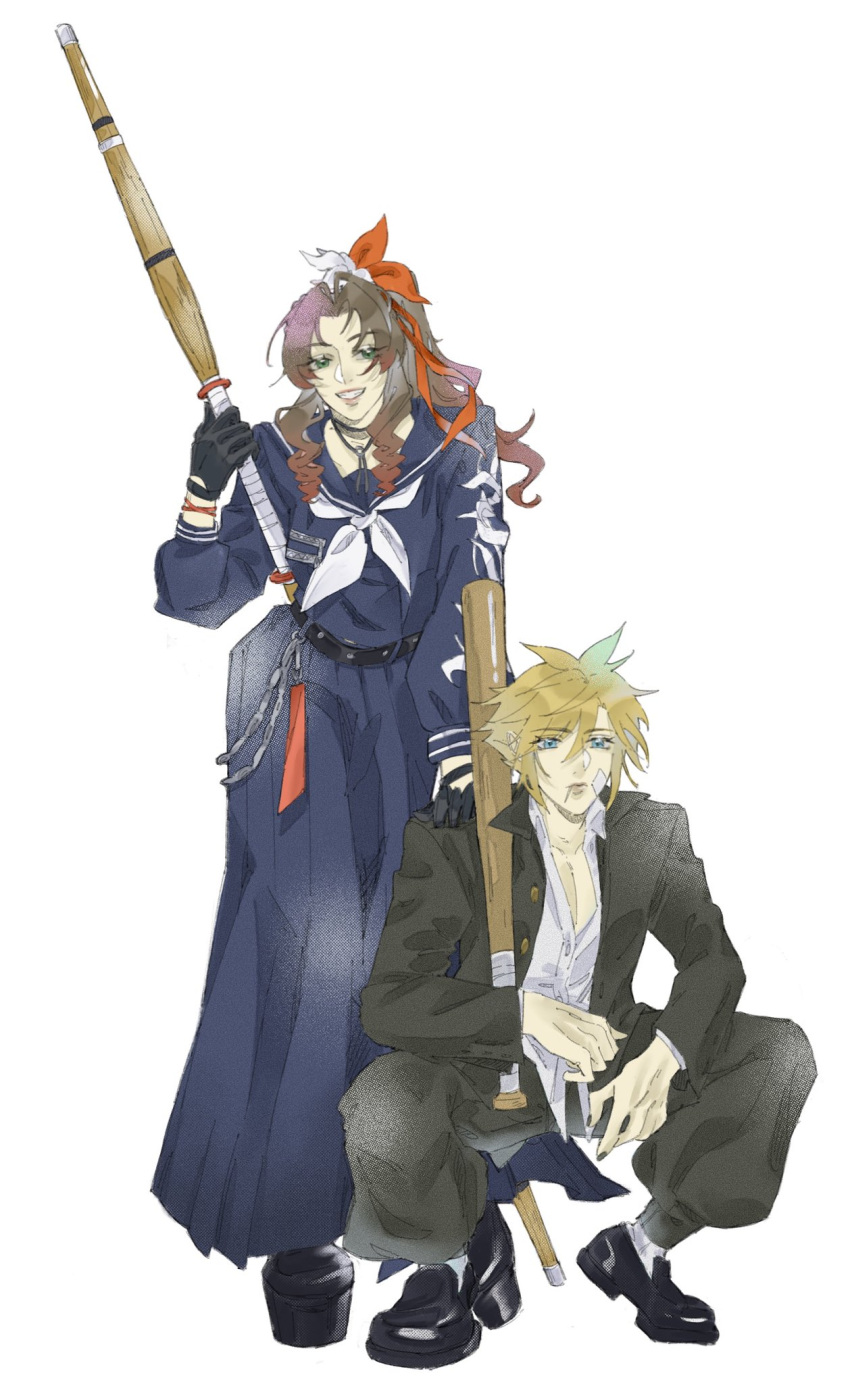 1boy, 1girl, aerith_gainsborough, aerith_gainsborough_(midgard_seventh_high_school), bandaid, bandaid_on_cheek, bandaid_on_face, baseball_bat, breasts, choker, clerithfication, cloud_strife, cloud_strife_(midgard_seventh_high_school), collared_shirt, delinquent, final_fantasy, final_fantasy_vii, final_fantasy_vii_ever_crisis, flower, full_body, gakuran, gloves, hair_between_eyes, hair_flower, hair_ornament, hair_ribbon, hand_on_another's_shoulder, highres, holding, holding_baseball_bat, jacket, limited_palette, long_hair, long_skirt, medium_breasts, neckerchief, official_alternate_costume, parted_bangs, parted_lips, platform_shoes, pleated_skirt, ponytail, popped_collar, ribbon, school_uniform, shinai, shirt, short_hair, sidelocks, skirt, smile, spiky_hair, squatting, sukeban, sword, toothpick, weapon, white_background