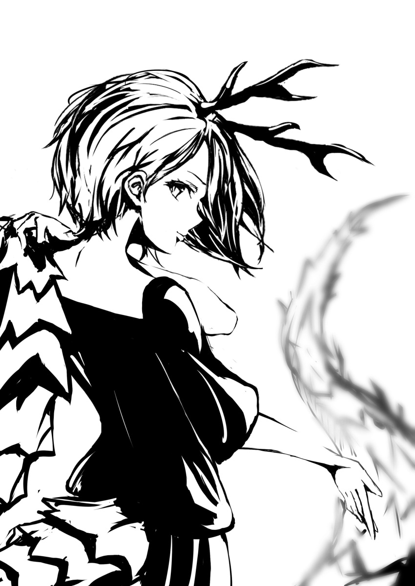 1girl, absurdres, eastern_dragon_horns, greyscale, highres, horns, kicchou_yachie, looking_at_viewer