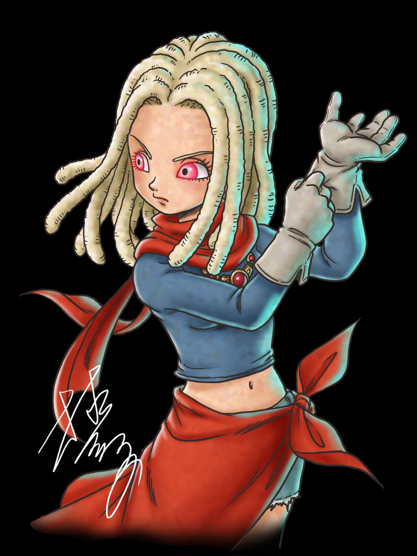 1girl, adjusting_clothes, adjusting_gloves, adversarial_noise, anne_(sand_land), black_background, blonde_hair, blue_shirt