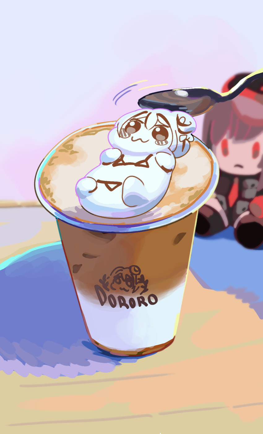 cappuccino, character_doll, coffee, commentary_request, cup, disposable_coffee_cup, disposable_cup, doll
