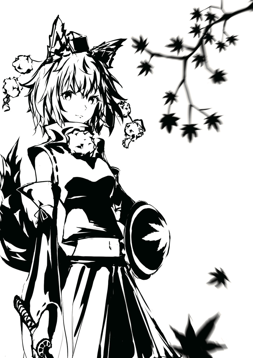 absurdres, greyscale, highres, holding, holding_sword, holding_weapon, inubashiri_momiji, leaf