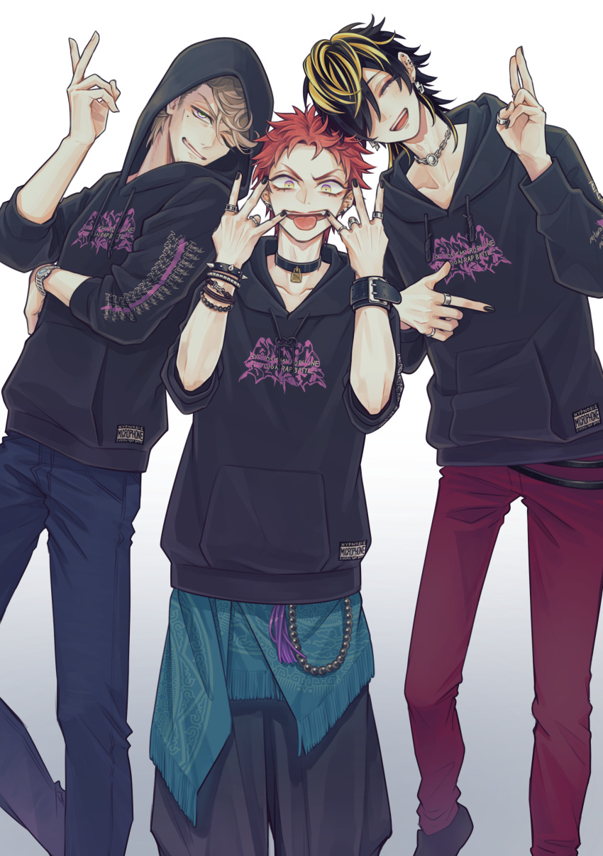 3boys, absurdres, adam's_apple, aimono_jyushi, alternate_costume, amaguni_hitoya, bad_ass_temple, baggy_pants