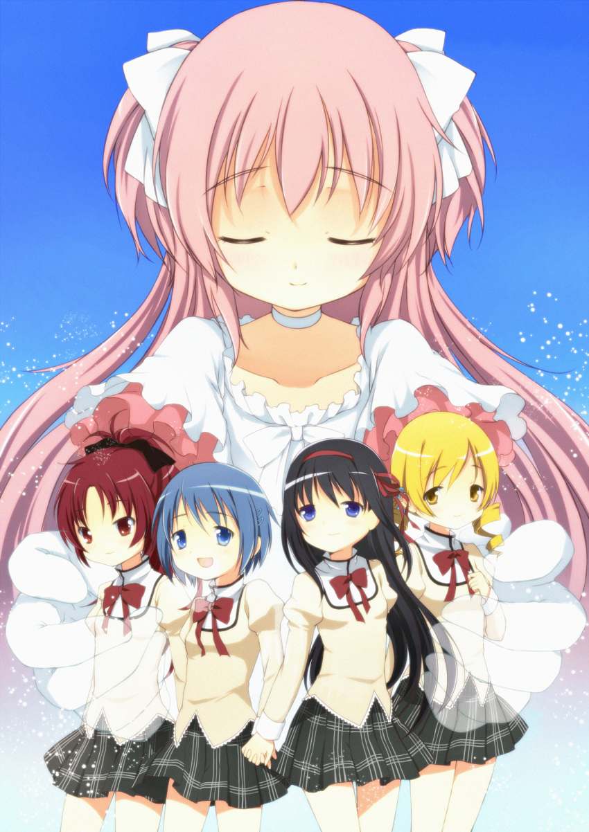 akemi_homura, black_hair, blonde_hair, blue_eyes, blue_hair, closed_eyes, drill_hair, eyes_closed
