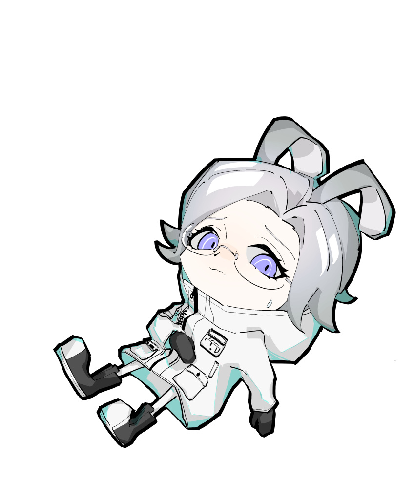 1boy, absurdres, animal_ears, aotsuki_eito, black_gloves, breast_pocket, chibi, chibi_only, chinese_commentary, glasses, gloves, grey_hair, highres, hood, hood_up, hooded_jacket, jacket, kemonomimi_mode, looking_at_viewer, lying, male_focus, on_back, pocket, rabbit_boy, rabbit_ears, short_hair, simple_background, solo, sweatdrop, the_hundred_line_-last_defense_academy-, violet_eyes, white_background, white_jacket, xlingshix