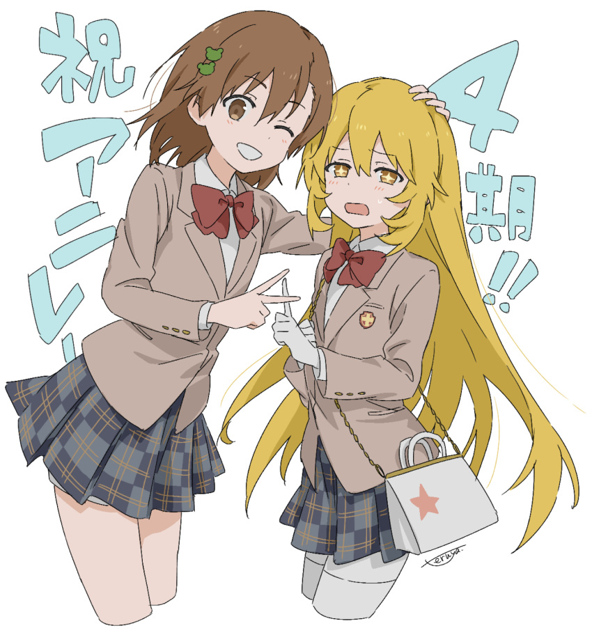 2girls, ;), aged_down, announcement_celebration, bag, blazer, blonde_hair, bow