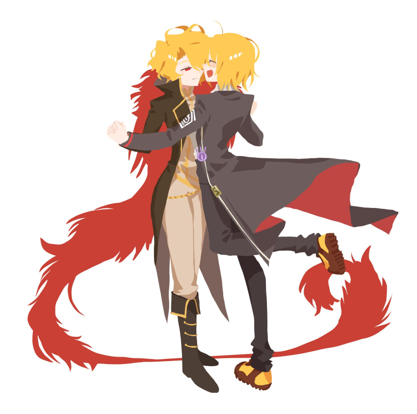 2girls, black_coat, black_pants, black_shoes, blonde_hair, brown_shoes, closed_eyes, coat