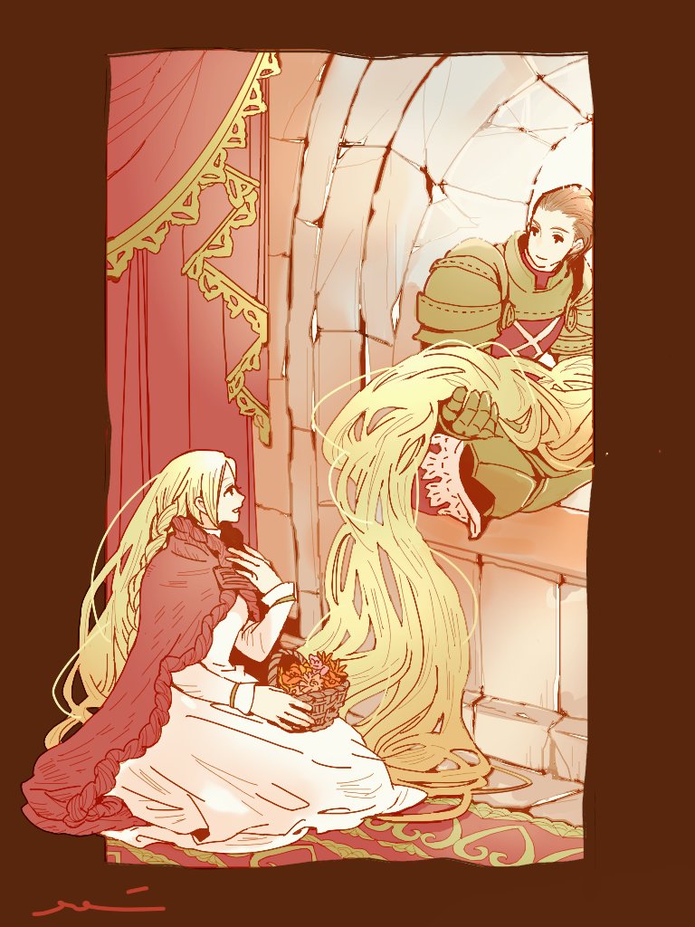 1boy, 1girl, armor, armored_gloves, basket, blonde_hair, border, braid, breasts, brown_border, brown_hair, cloak, curtains, delita_heiral, dress, final_fantasy, final_fantasy_tactics, flower_basket, full_body, gold_trim, hair_slicked_back, hand_on_own_chest, holding, holding_another's_hair, holding_basket, kneeling, long_hair, looking_at_another, medium_breasts, mochi_(hanamaruudondesu), ovelia_atkascha, parted_lips, pauldrons, red_cloak, short_hair, shoulder_armor, side_braid, signature, sitting, smile, very_long_hair, white_dress, window