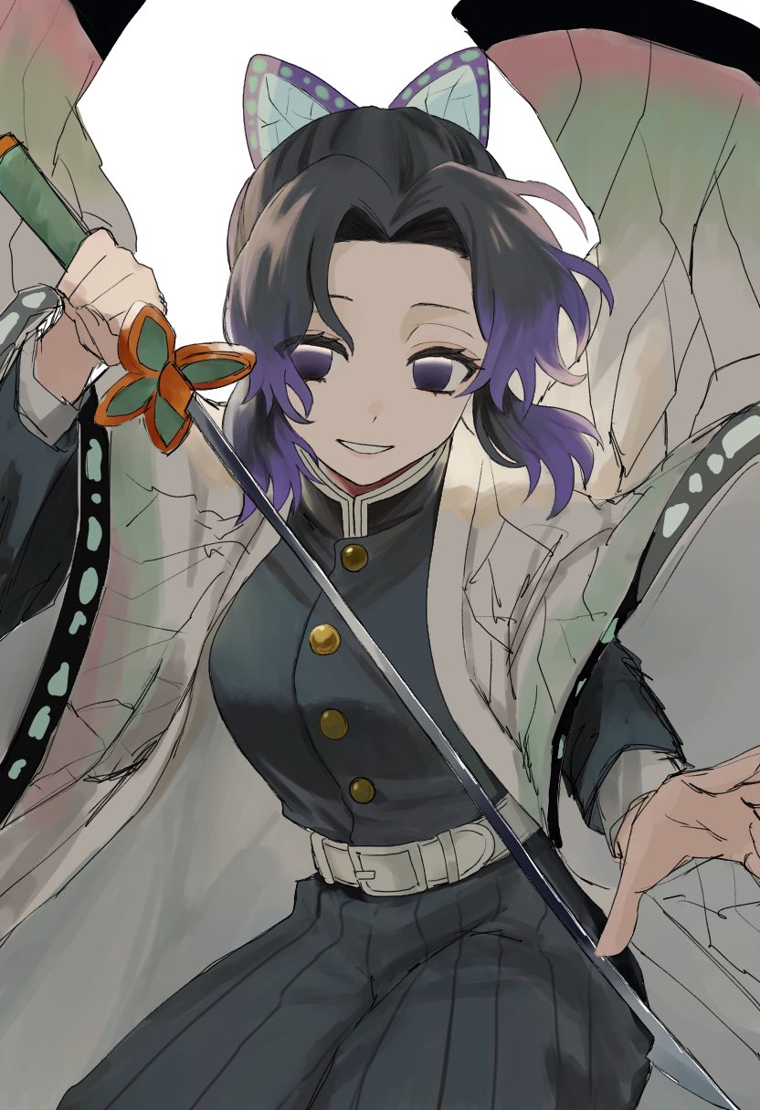 1girl, belt, black_jacket, black_pants, breasts, butterfly_hair_ornament, clalctn, gradient_haori
