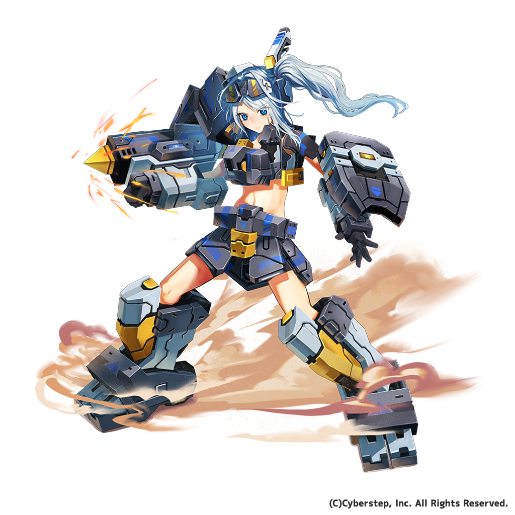 1girl, alternate_form, alternate_hair_color, armored_boots, armored_skirt, blue_eyes, blue_hair, boots