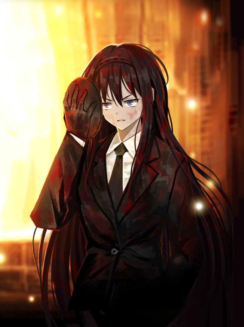1girl, akemi_homura, black_gloves, black_hair, black_jacket, black_mask, black_necktie, gloves