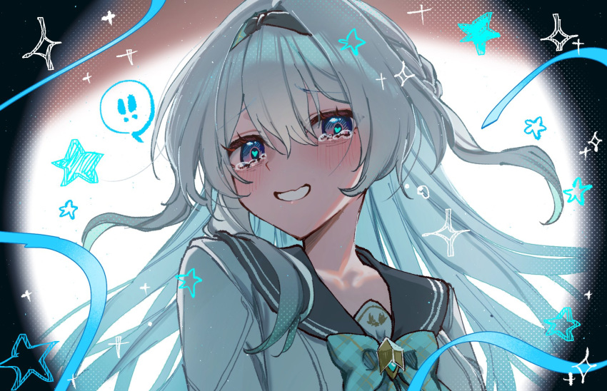 !, !!, 1girl, aqua_bow, aqua_bowtie, arknights, black_sailor_collar, blue_eyes