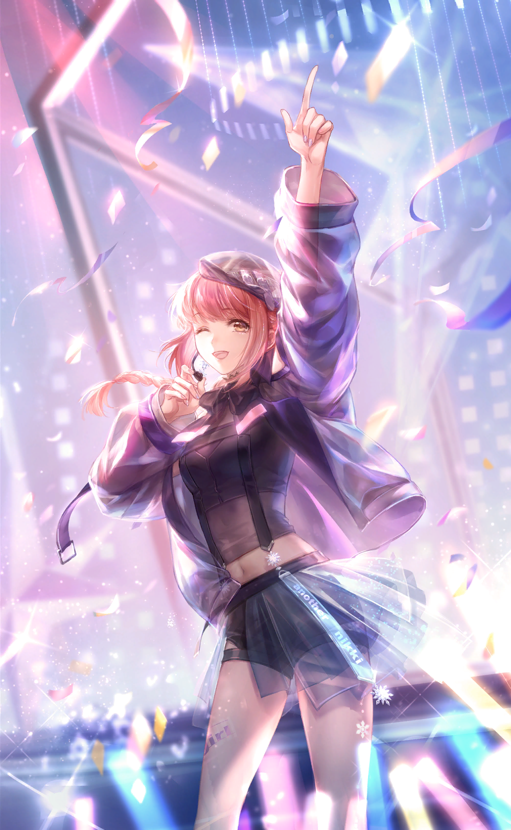 1girl, arm_up, artist_request, before_the_dawn_(shining_nikki), belt, belt_buckle, beret, black_belt, black_bow, black_bowtie, black_shirt, black_shorts, blue_skirt, blunt_bangs, bow, bowtie, braid, brown_eyes, buckle, collared_shirt, confetti, cowboy_shot, cropped_shirt, dot_nose, eyelashes, floating_hair, game_cg, glowstick, grey_hat, happy, hat, hat_belt, headset, highres, idol, jacket, leg_tattoo, light_particles, light_rays, long_hair, long_sleeves, midriff, miniskirt, music, nail_polish, nikki_(nikki), nikki_(series), official_art, one_eye_closed, open_belt, open_clothes, open_jacket, open_mouth, penlight_(glowstick), pink_hair, plaid_hat, pleated_skirt, pointing, pointing_up, purple_belt, purple_jacket, purple_nails, see-through_clothes, see-through_jacket, see-through_skirt, shining_nikki, shirt, short_shorts, shorts, shorts_under_skirt, sidelocks, singing, single_braid, skirt, sleeve_belt, smile, solo, sparkle, standing, suspenders, tattoo, teeth, thigh_belt, thigh_strap, upper_teeth_only
