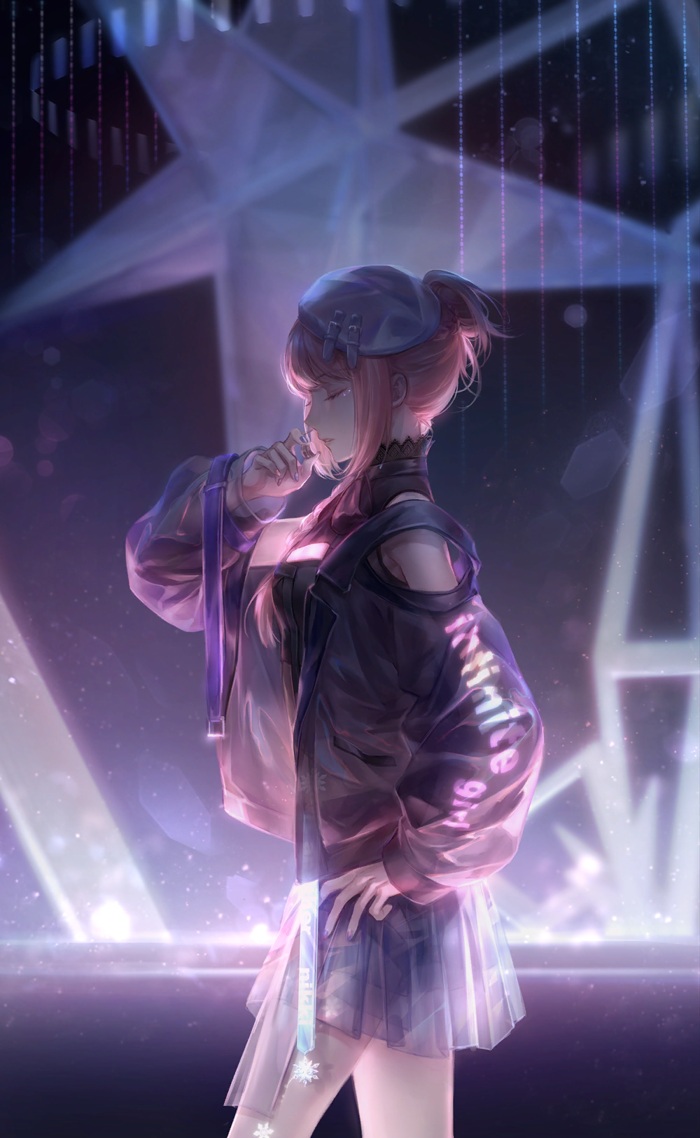 1girl, artist_request, bare_shoulders, before_the_dawn_(shining_nikki), belt, belt_collar, beret, black_jacket