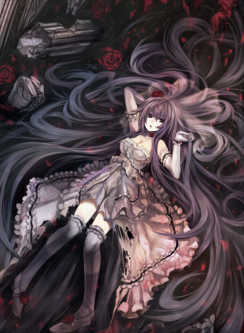 1girl, brown_hair, cleavage, dress, elbow_gloves, flower, frills, garters, headdress, headress, highres, long_hair, lying, mamuru, original, purple_hair, rose, rubble, solo, thigh-highs, thighhighs, torn_clothes, torn_dress